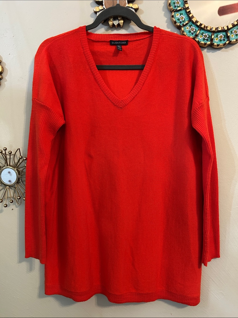 Eileen Fisher Merino Wool Víbrant Red V-neck Long Sleeve Tunic Sweater XS